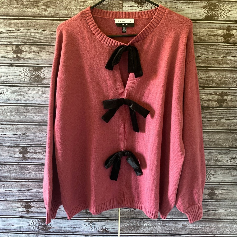 Eloquii Women's Long-Sleeved Sweater Size 14/16 Mauve Pink Cutout Black Bows